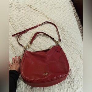 Authentic red Coach Elle Hobo purse with long strap gold hardware